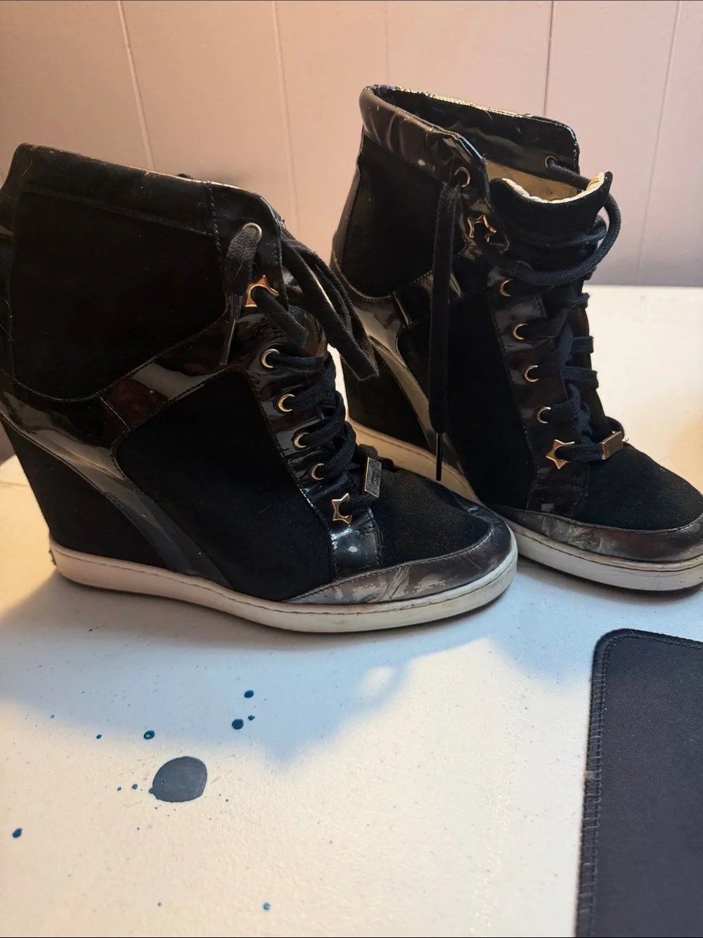 Jimmy Choo Black Wedge High-Top Sneakers with Gold Accents